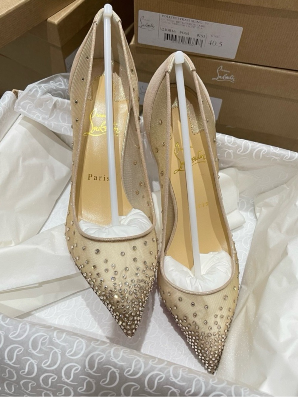 Christian Louboutin Beige Crystal-Studded Pointed Toe Pumps